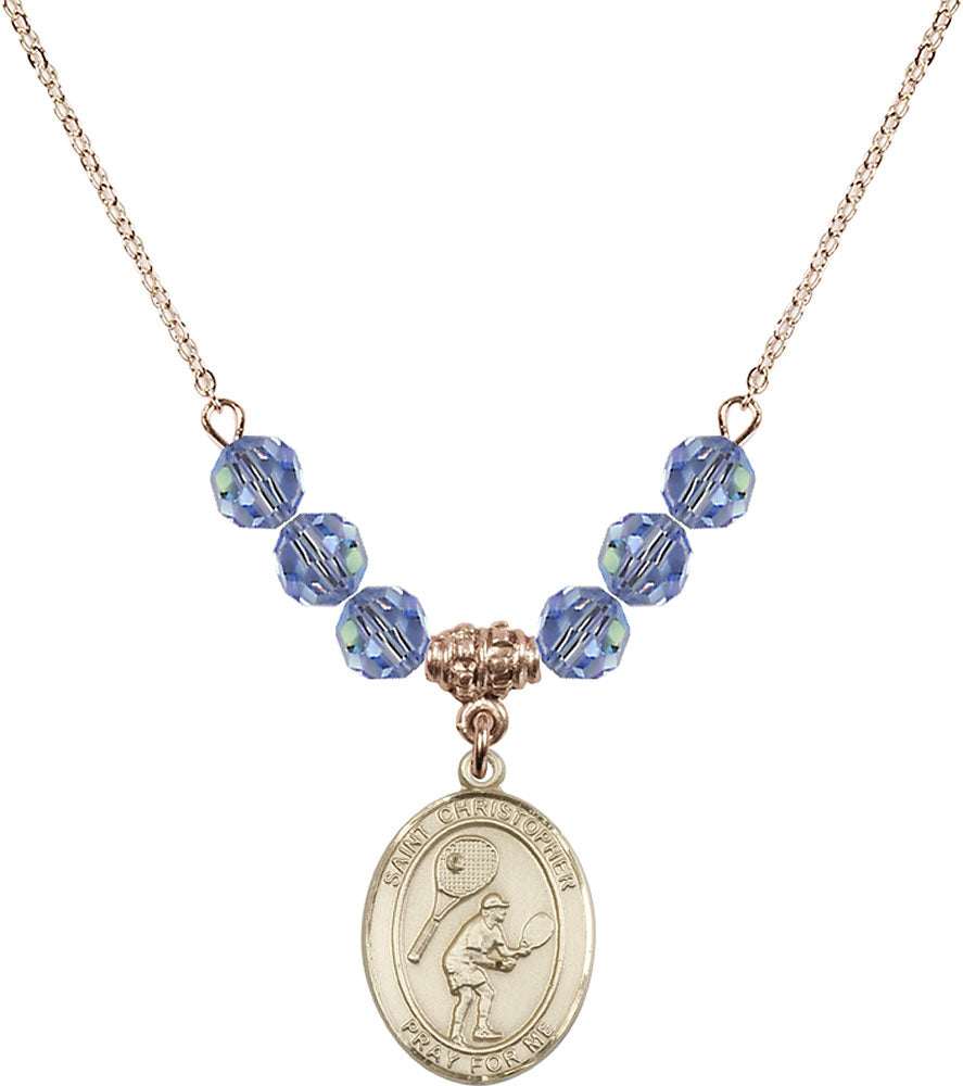 14kt Gold Filled Saint Christopher/Tennis Birthstone Necklace with Light Sapphire Beads - 8505