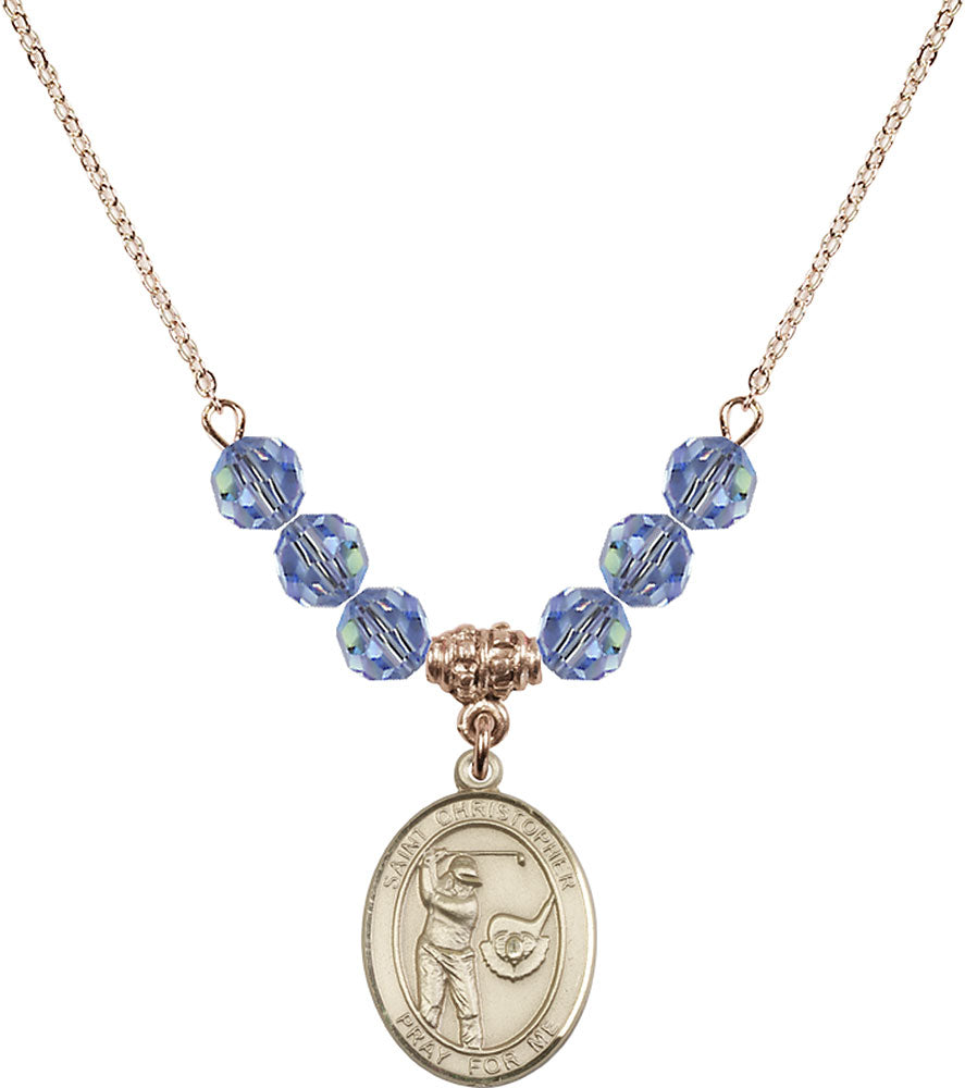 14kt Gold Filled Saint Christopher/Golf Birthstone Necklace with Light Sapphire Beads - 8506