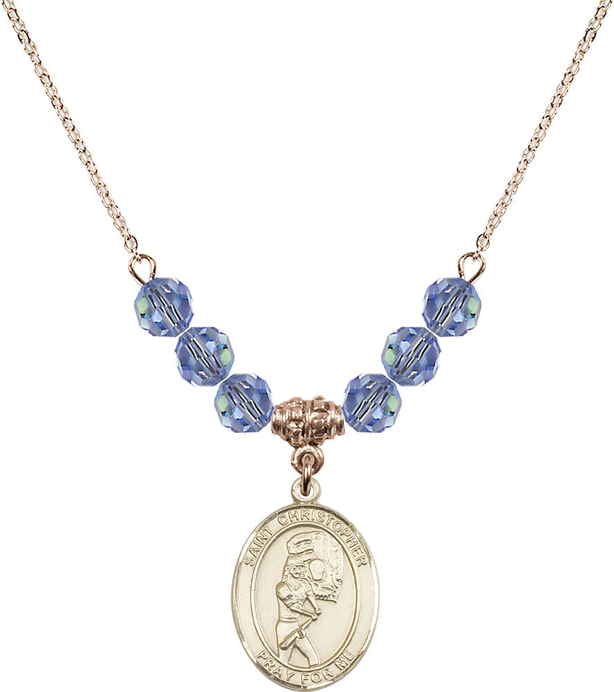 14kt Gold Filled Saint Christopher/Softball Birthstone Necklace with Light Sapphire Beads - 8507