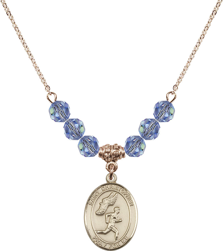 14kt Gold Filled Saint Christopher/Track&Field-Men Birthstone Necklace with Light Sapphire Beads - 8509