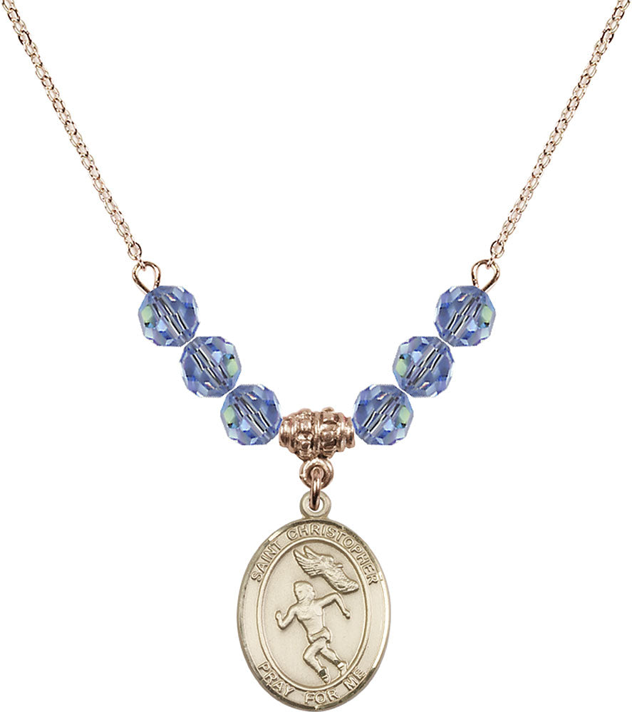 14kt Gold Filled Saint Christopher/Track&Field-Women Birthstone Necklace with Light Sapphire Beads - 8510