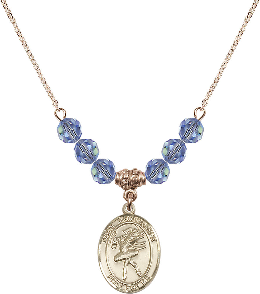 14kt Gold Filled Saint Christopher/Dance Birthstone Necklace with Light Sapphire Beads - 8512