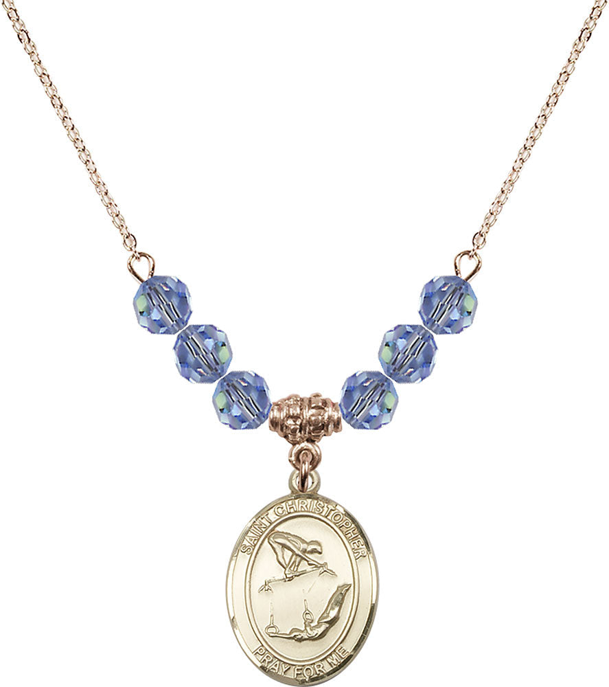 14kt Gold Filled Saint Christopher/Gymnastics Birthstone Necklace with Light Sapphire Beads - 8513