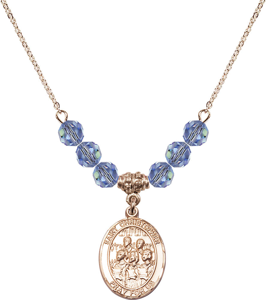 14kt Gold Filled Saint Christopher / Choir Birthstone Necklace with Light Sapphire Beads - 8514