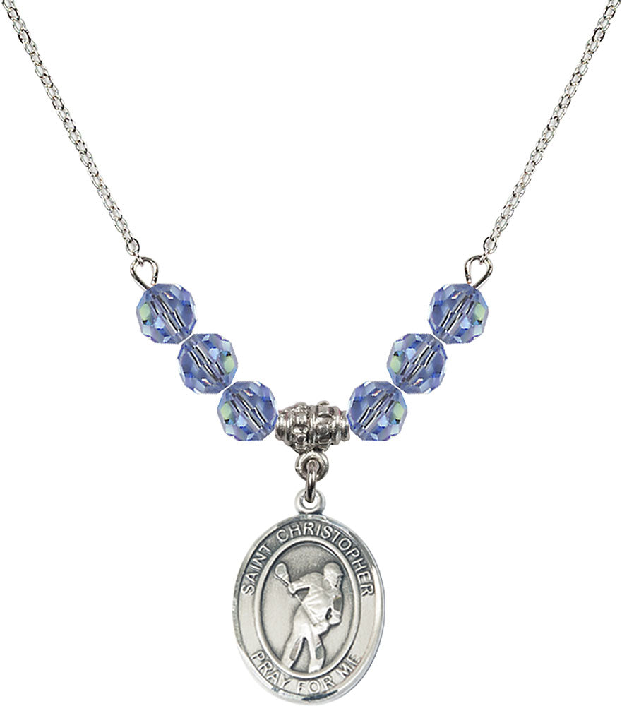 Sterling Silver Saint Christopher/Lacrosse Birthstone Necklace with Light Sapphire Beads - 8516