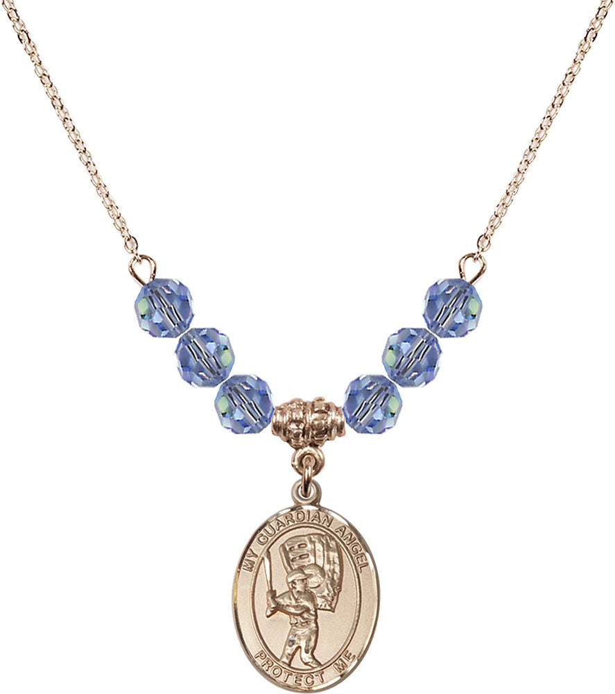 14kt Gold Filled Guardian Angel/Baseball Birthstone Necklace with Light Sapphire Beads - 8700