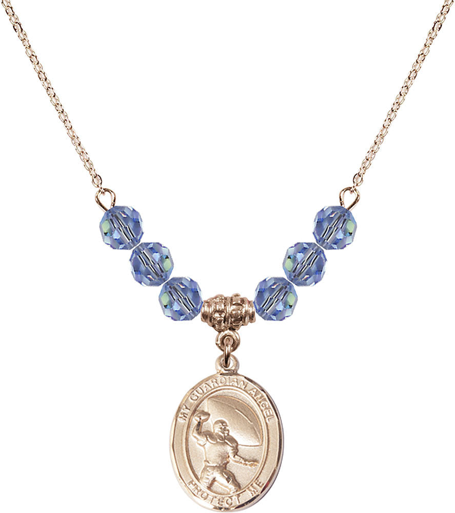 14kt Gold Filled Guardian Angel/Football Birthstone Necklace with Light Sapphire Beads - 8701