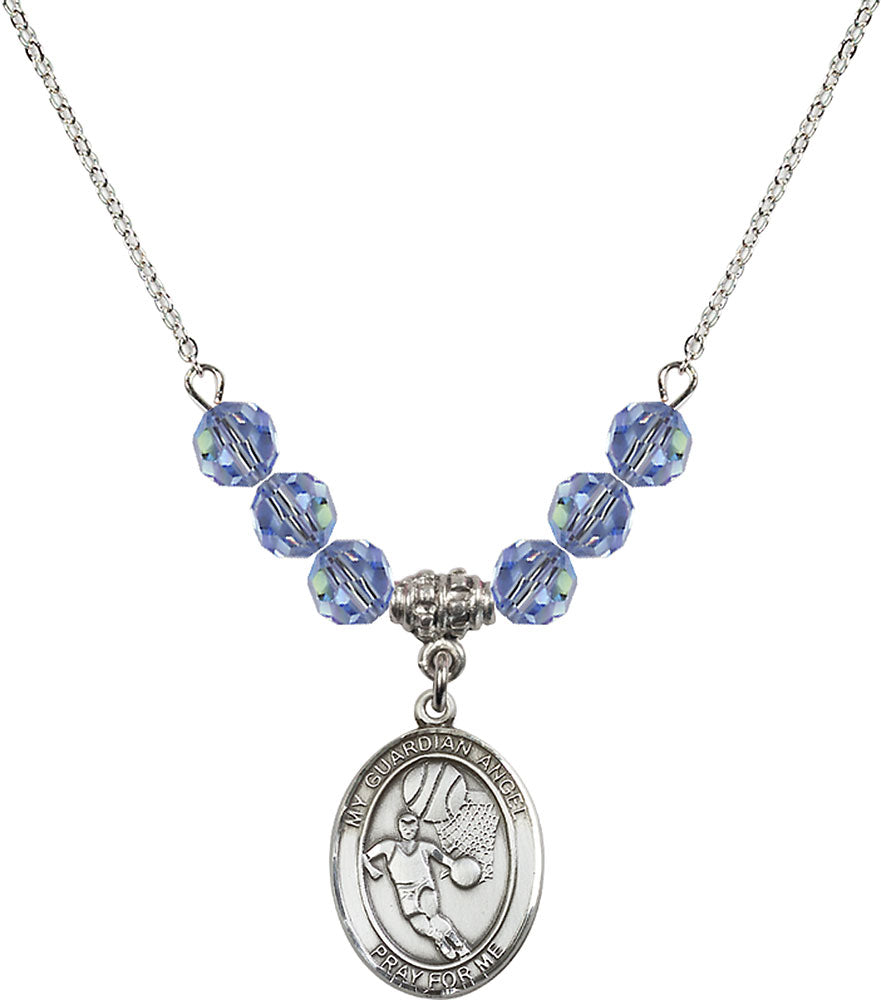 Sterling Silver Guardian Angel/Basketball Birthstone Necklace with Light Sapphire Beads - 8702
