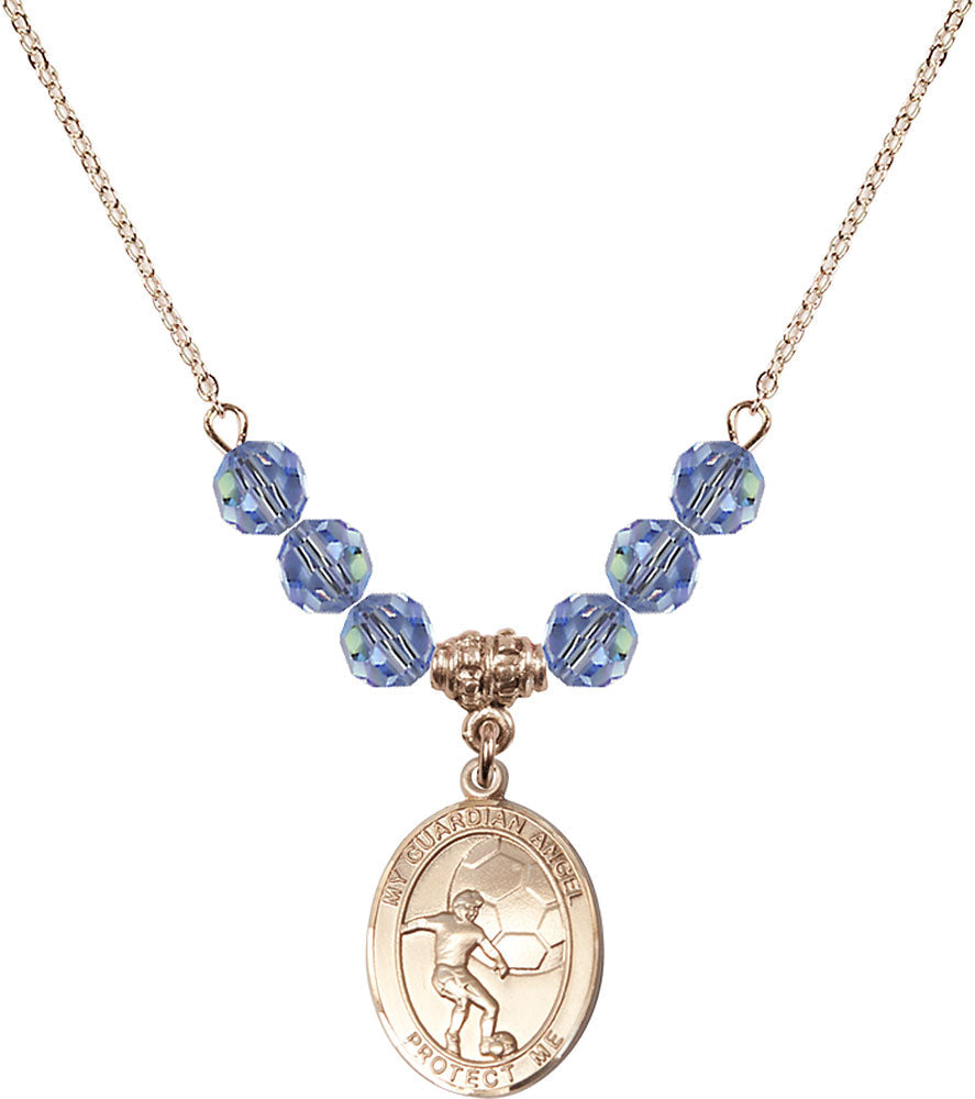 14kt Gold Filled Guardian Angel/Soccer Birthstone Necklace with Light Sapphire Beads - 8703