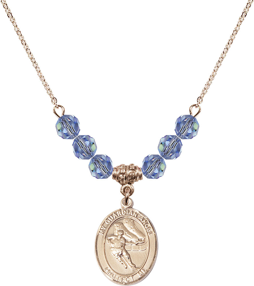 14kt Gold Filled Guardian Angel/Hockey Birthstone Necklace with Light Sapphire Beads - 8704