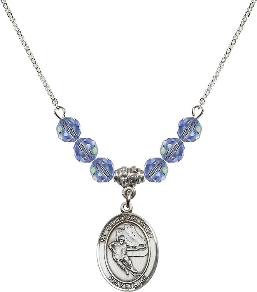 Sterling Silver Guardian Angel/Hockey Birthstone Necklace with Light Sapphire Beads - 8704