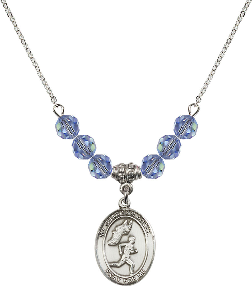 Sterling Silver Guardian Angel/Track&Field-Men Birthstone Necklace with Light Sapphire Beads - 8709