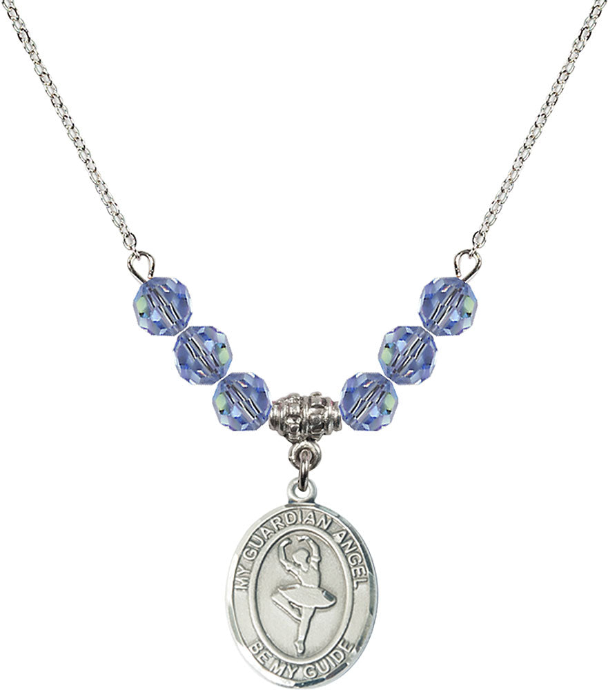 Sterling Silver Guardian Angel/Dance Birthstone Necklace with Light Sapphire Beads - 8712