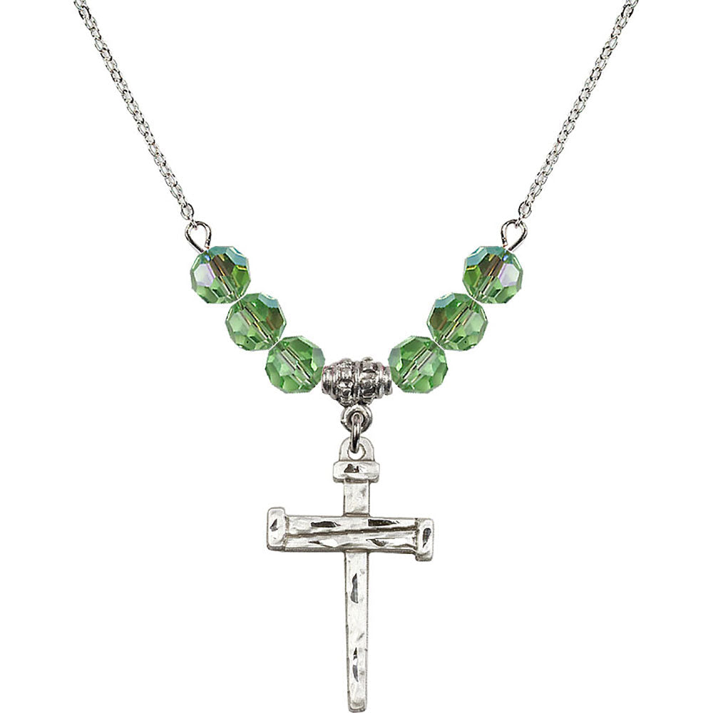 Sterling Silver Nail Cross Birthstone Necklace with Peridot Beads - 0013