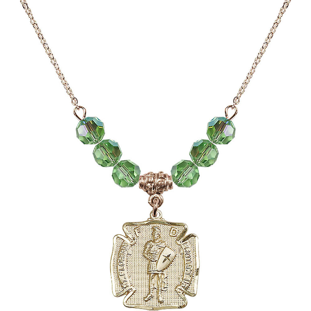 14kt Gold Filled Saint Florian Birthstone Necklace with Peridot Beads - 0070