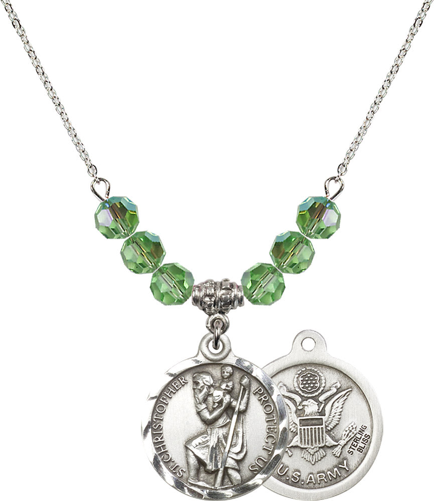 Sterling Silver Saint Christopher / Army Birthstone Necklace with Peridot Beads - 0192