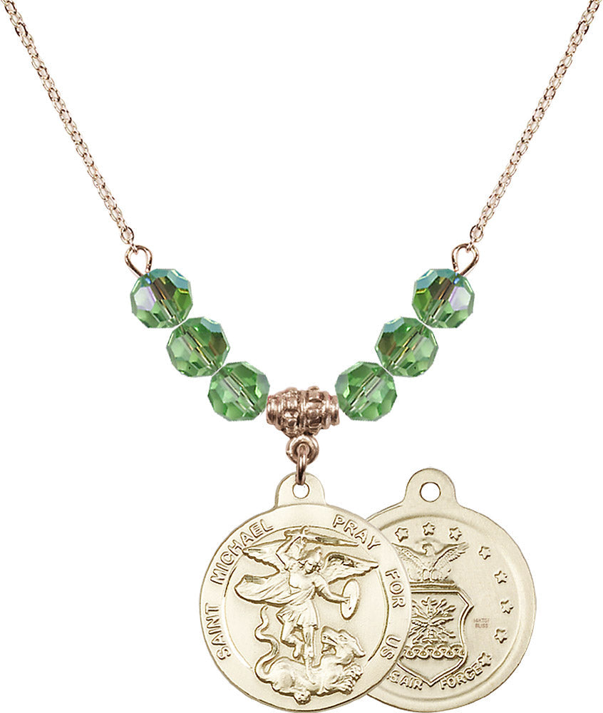 14kt Gold Filled Saint Michael / Air Force Birthstone Necklace with Peridot Beads - 0342