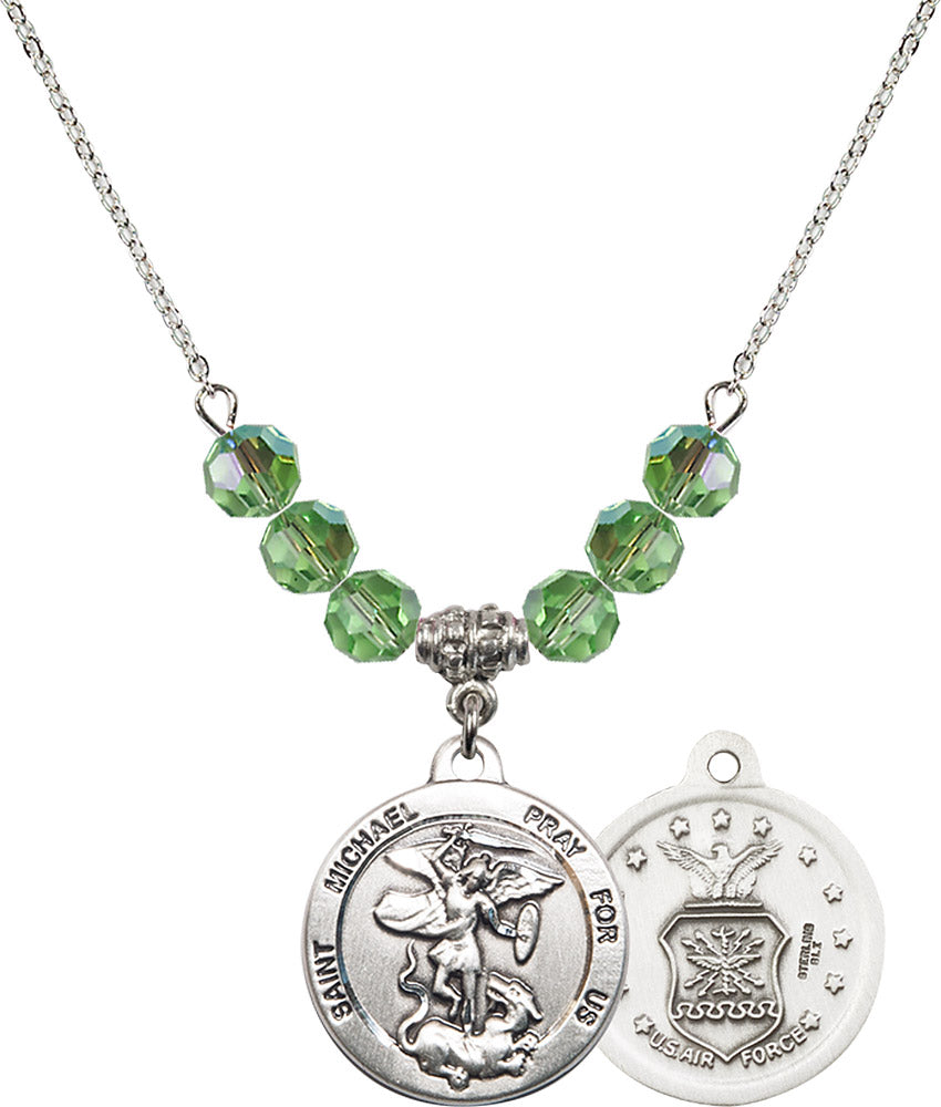 Sterling Silver Saint Michael / Air Force Birthstone Necklace with Peridot Beads - 0342