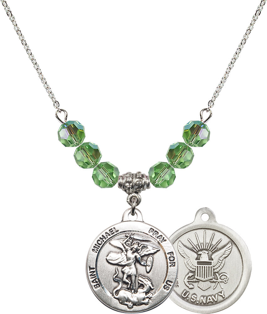 Sterling Silver Saint Michael / Navy Birthstone Necklace with Peridot Beads - 0342