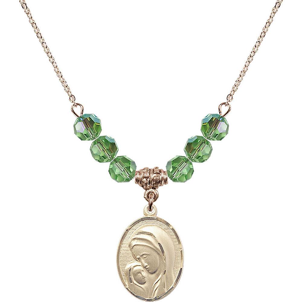 14kt Gold Filled Madonna & Child Birthstone Necklace with Peridot Beads - 0447