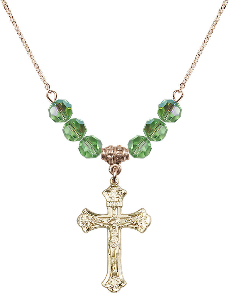 14kt Gold Filled Crucifix Birthstone Necklace with Peridot Beads - 0622