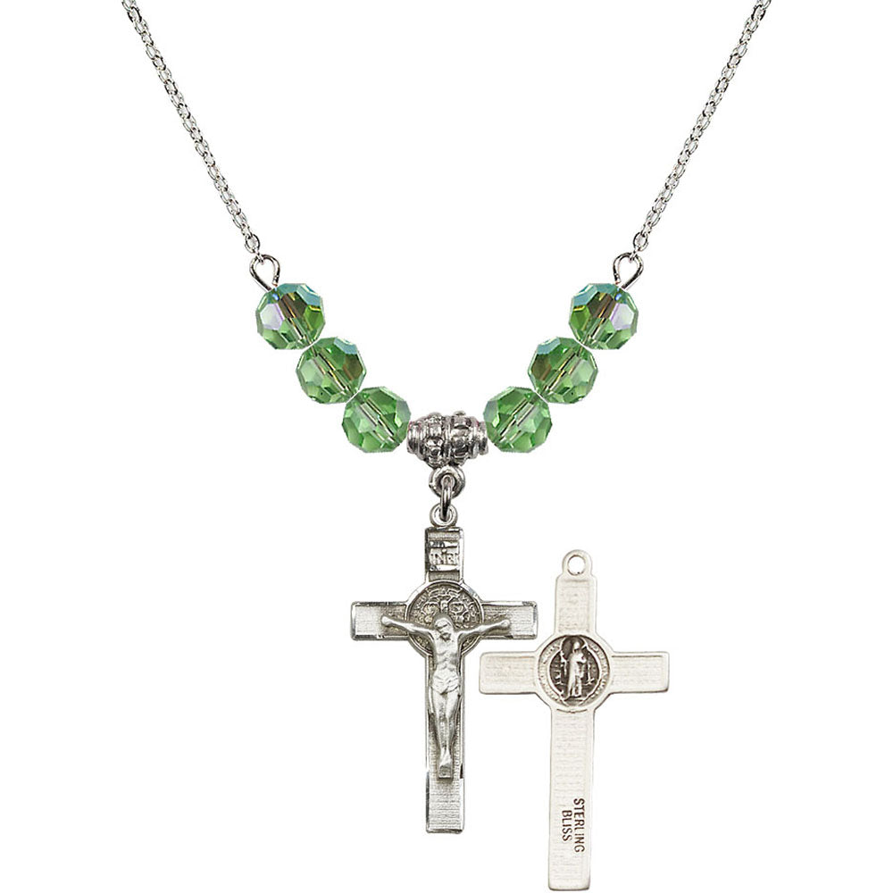 Sterling Silver Saint Benedict Crucifix Birthstone Necklace with Peridot Beads - 0625