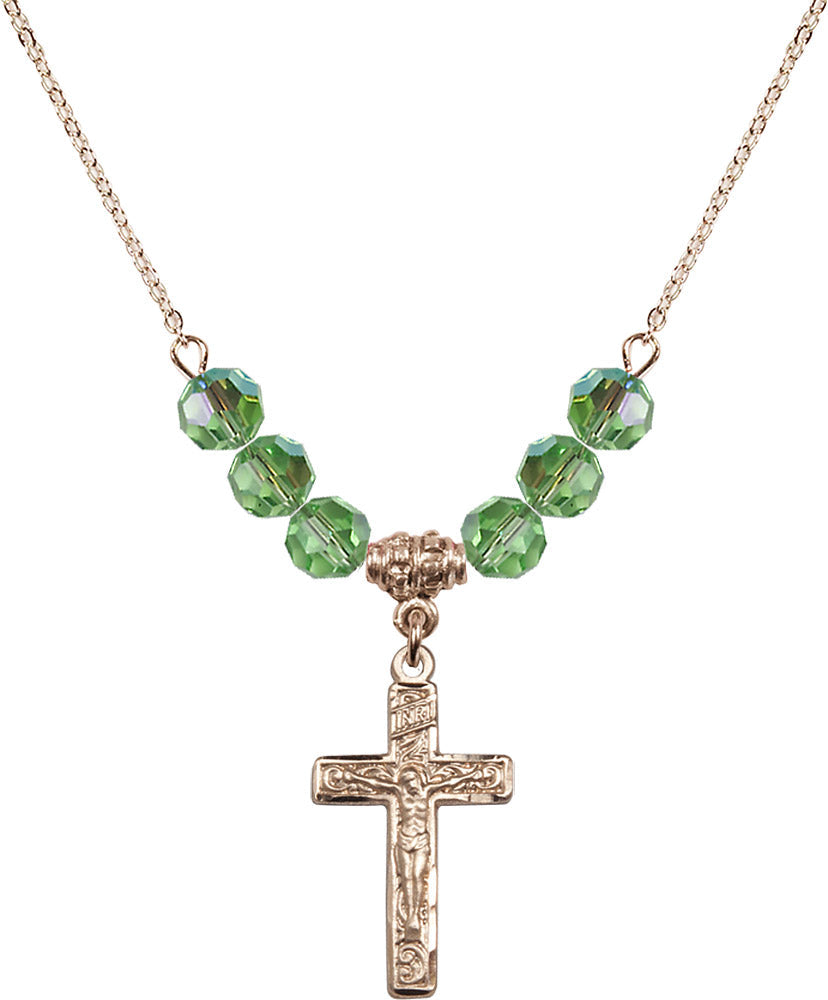 14kt Gold Filled Crucifix Birthstone Necklace with Peridot Beads - 0673