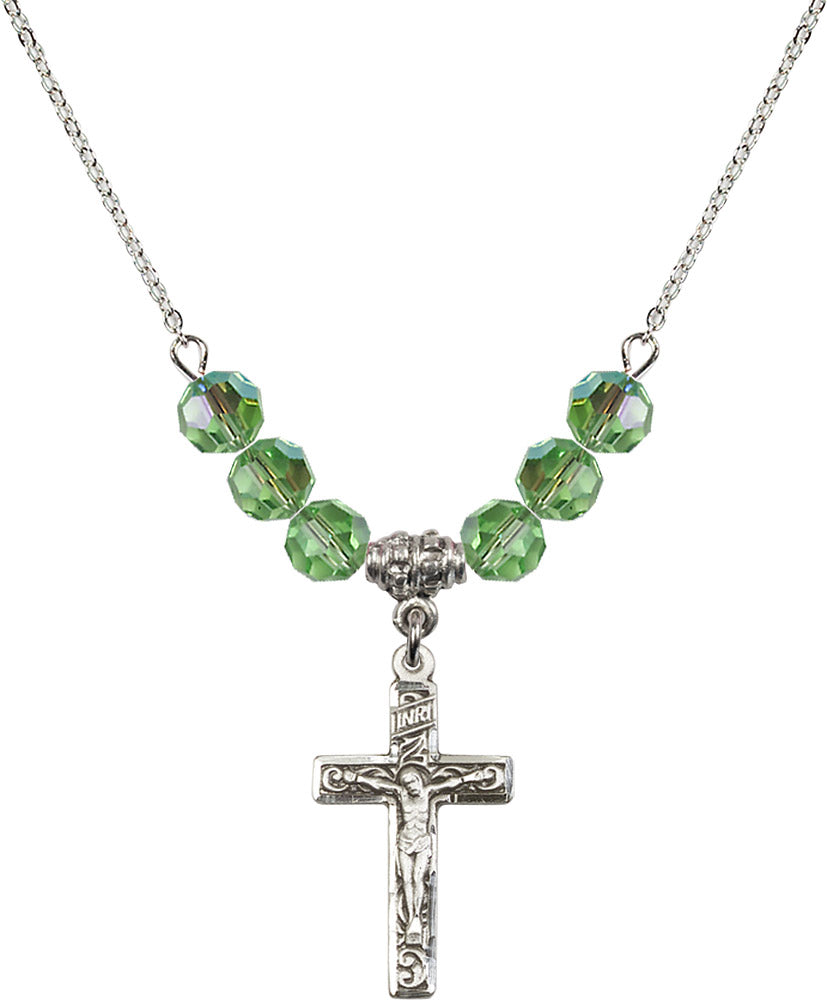 Sterling Silver Crucifix Birthstone Necklace with Peridot Beads - 0673