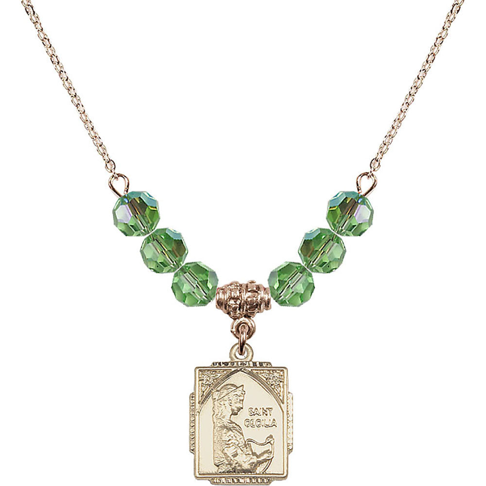 14kt Gold Filled Saint Cecilia Birthstone Necklace with Peridot Beads - 0804