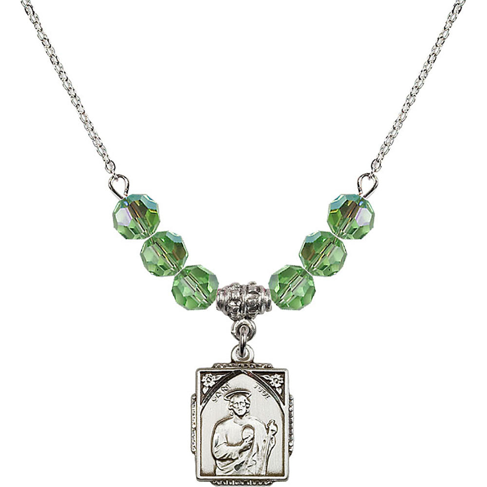 Sterling Silver Saint Jude Birthstone Necklace with Peridot Beads - 0804
