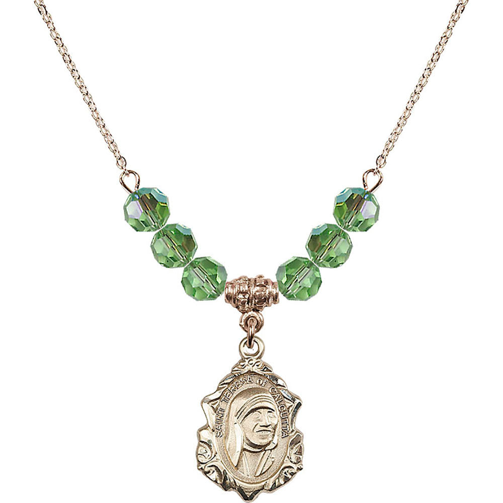 14kt Gold Filled Saint Teresa of Calcutta Birthstone Necklace with Peridot Beads - 0812