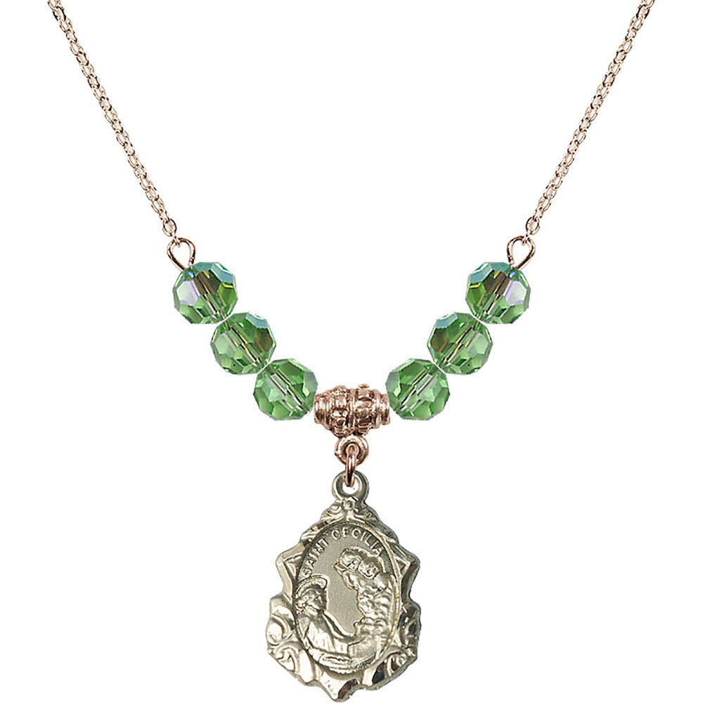 14kt Gold Filled Saint Cecilia Birthstone Necklace with Peridot Beads - 0822