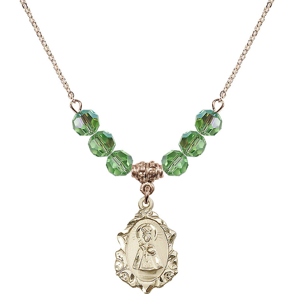14kt Gold Filled Infant of Prague Birthstone Necklace with Peridot Beads - 0822