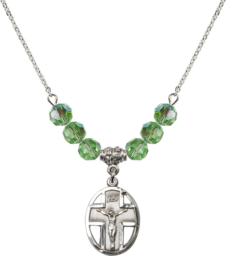 Sterling Silver Crucifix Birthstone Necklace with Peridot Beads - 0878