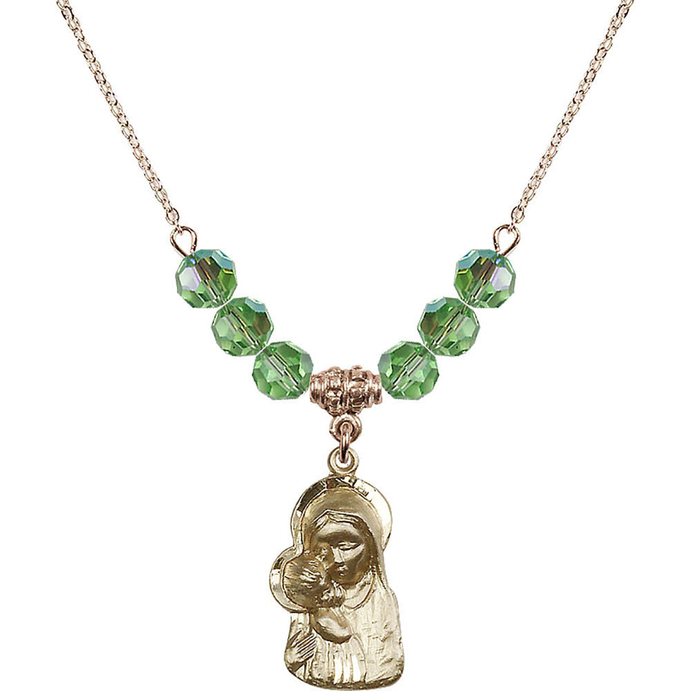 14kt Gold Filled Madonna & Child Birthstone Necklace with Peridot Beads - 1612