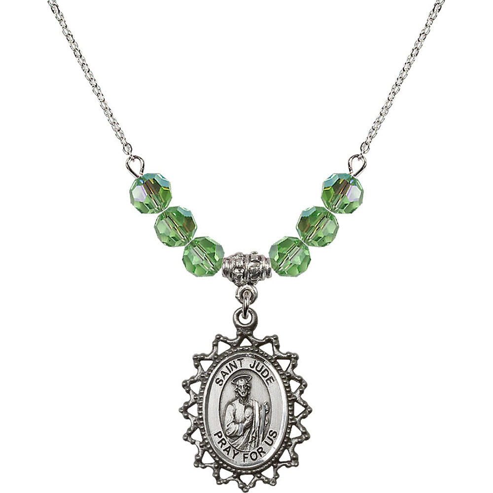 Sterling Silver Saint Jude Birthstone Necklace with Peridot Beads - 1619