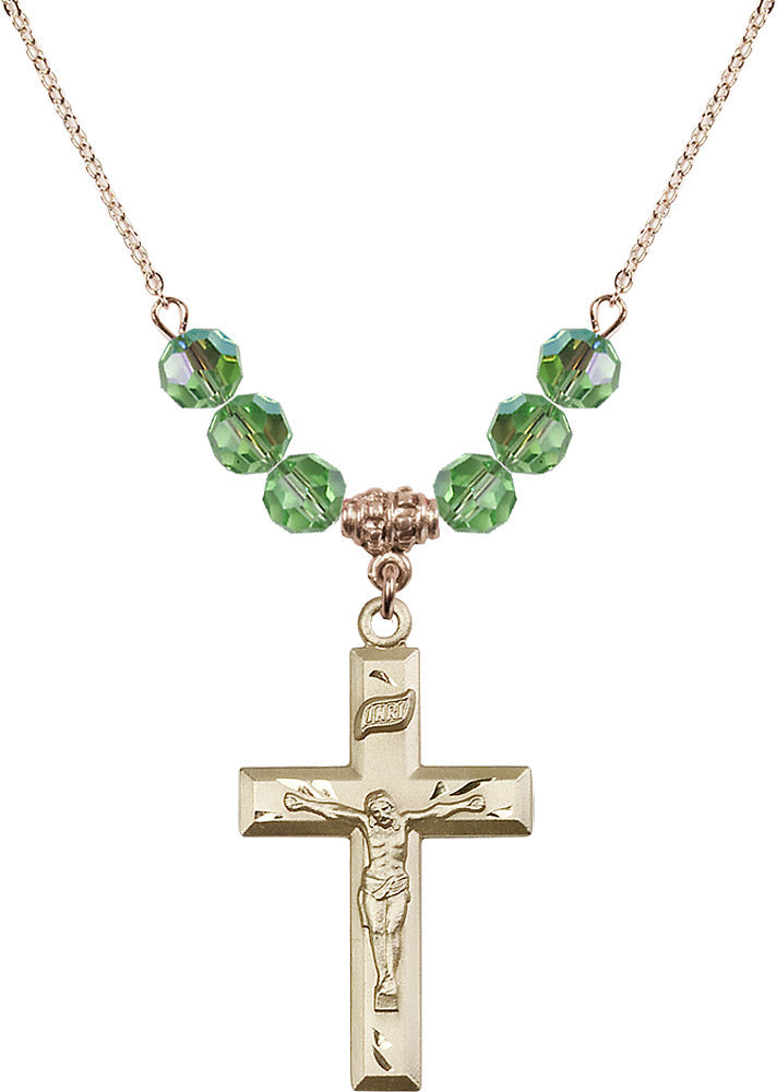 14kt Gold Filled Crucifix Birthstone Necklace with Peridot Beads - 2186