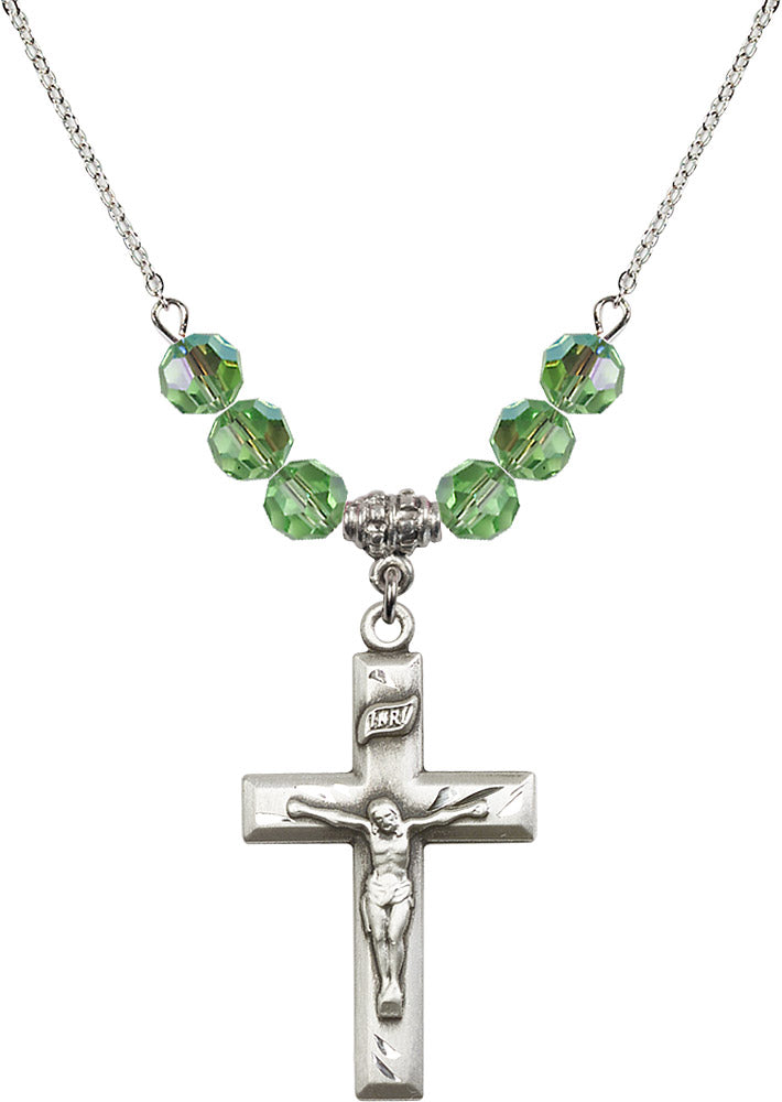Sterling Silver Crucifix Birthstone Necklace with Peridot Beads - 2186