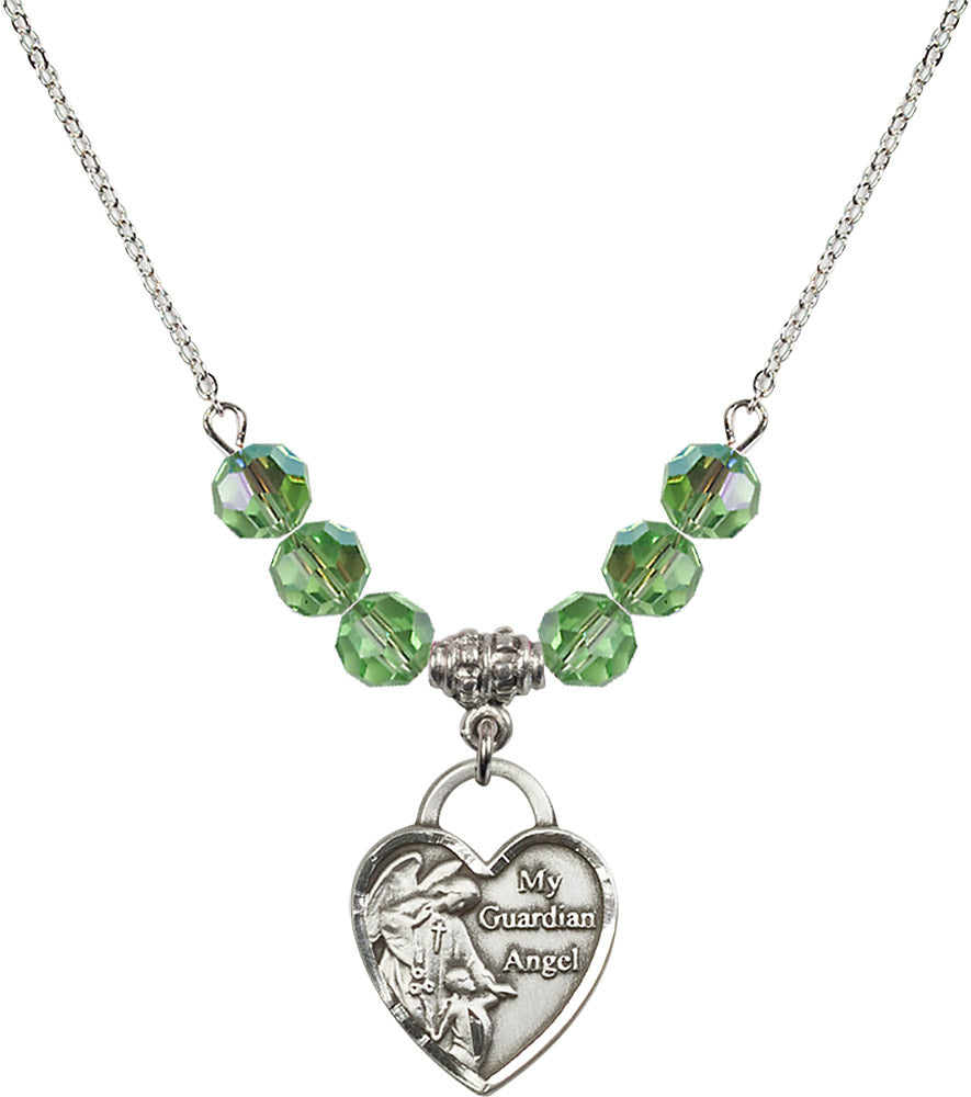 Sterling Silver Guardian Angel Heart Birthstone Necklace with Peridot Beads - 3202