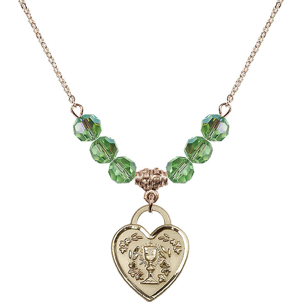 14kt Gold Filled Communion Heart Birthstone Necklace with Peridot Beads - 3204