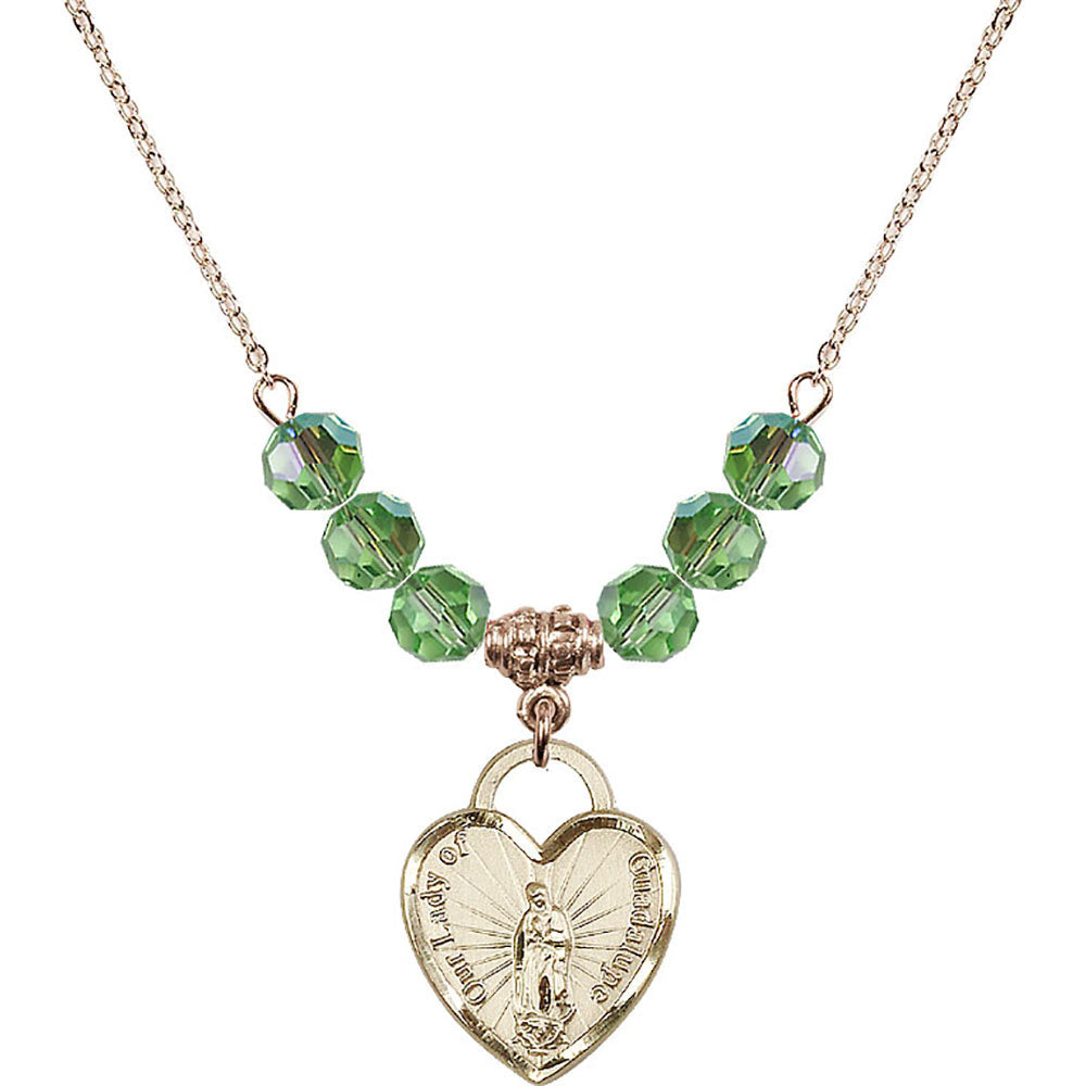 14kt Gold Filled Our Lady of Guadalupe Heart / Recuerdo Birthstone Necklace with Peridot Beads - 3209