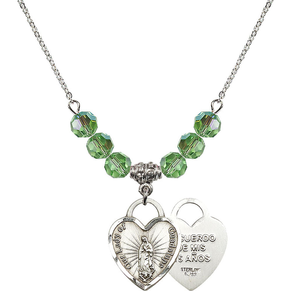 Sterling Silver Our Lady of Guadalupe Heart / Recuerdo Birthstone Necklace with Peridot Beads - 3209