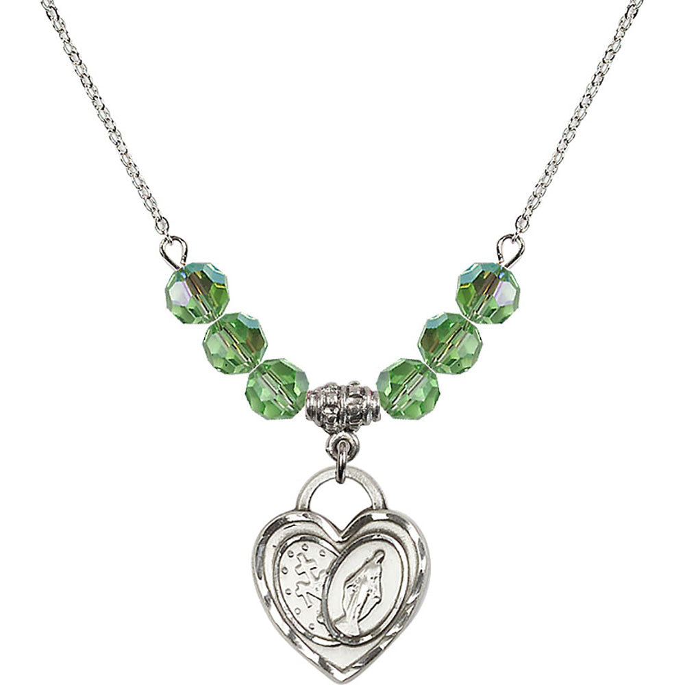 Sterling Silver Miraculous Heart Birthstone Necklace with Peridot Beads - 3212