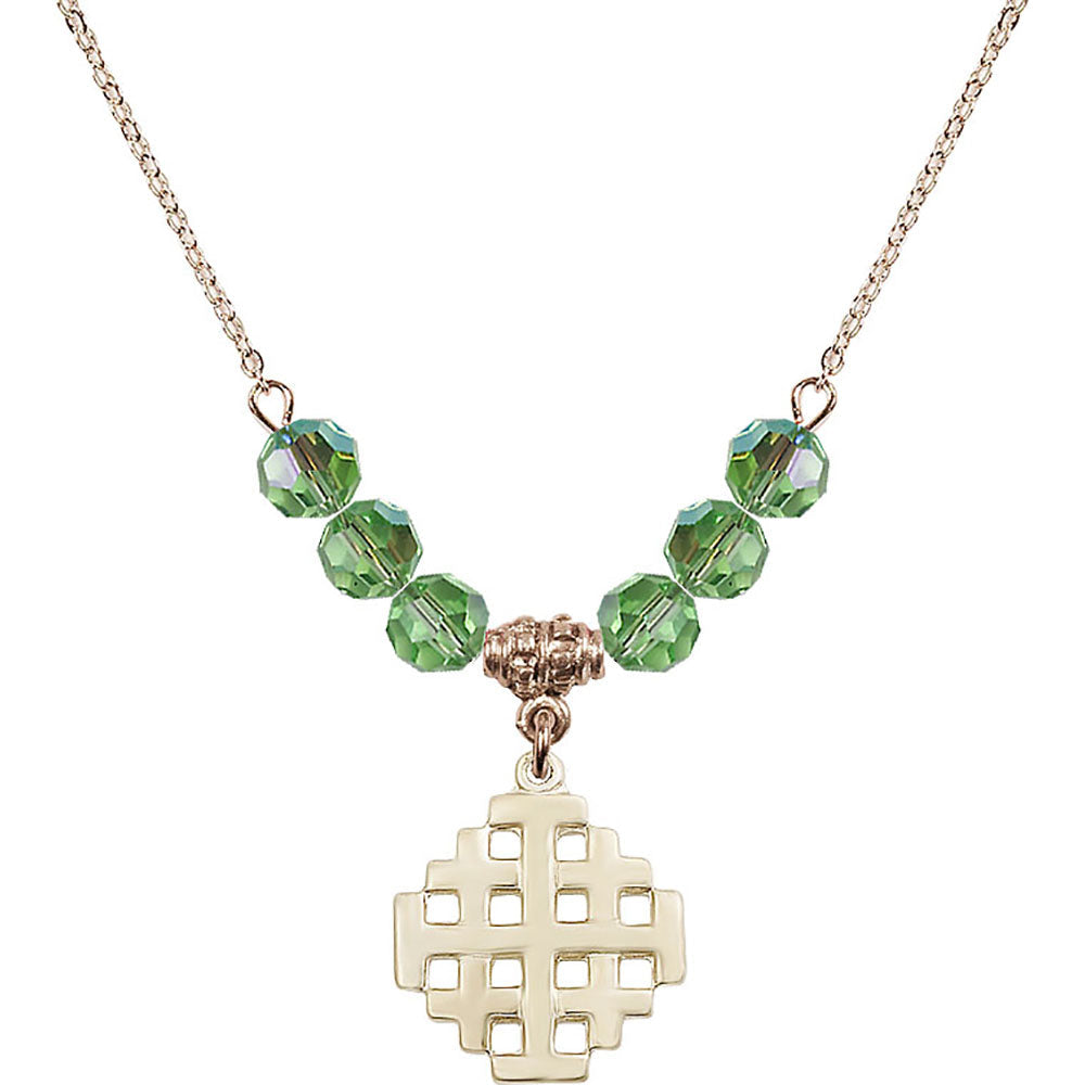 14kt Gold Filled Jerusalem Cross Birthstone Necklace with Peridot Beads - 4139