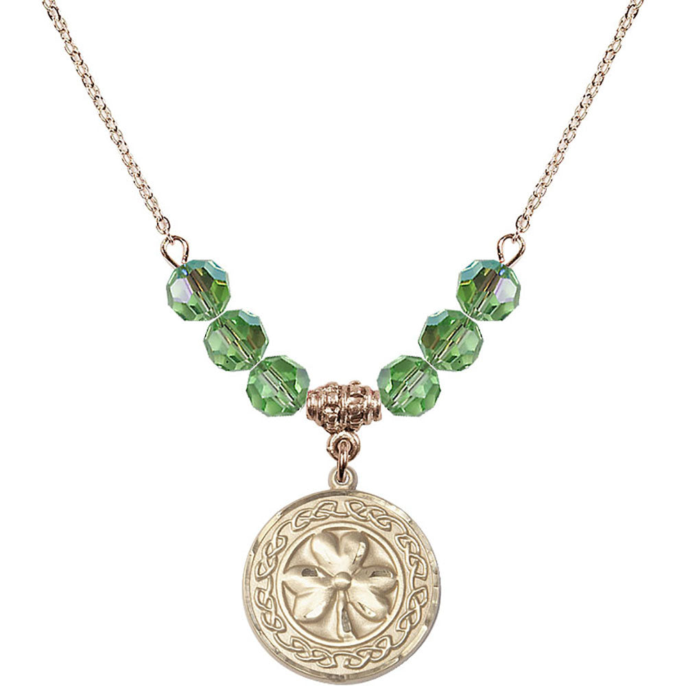 14kt Gold Filled Shamrock w/ Celtic Border Birthstone Necklace with Peridot Beads - 5106