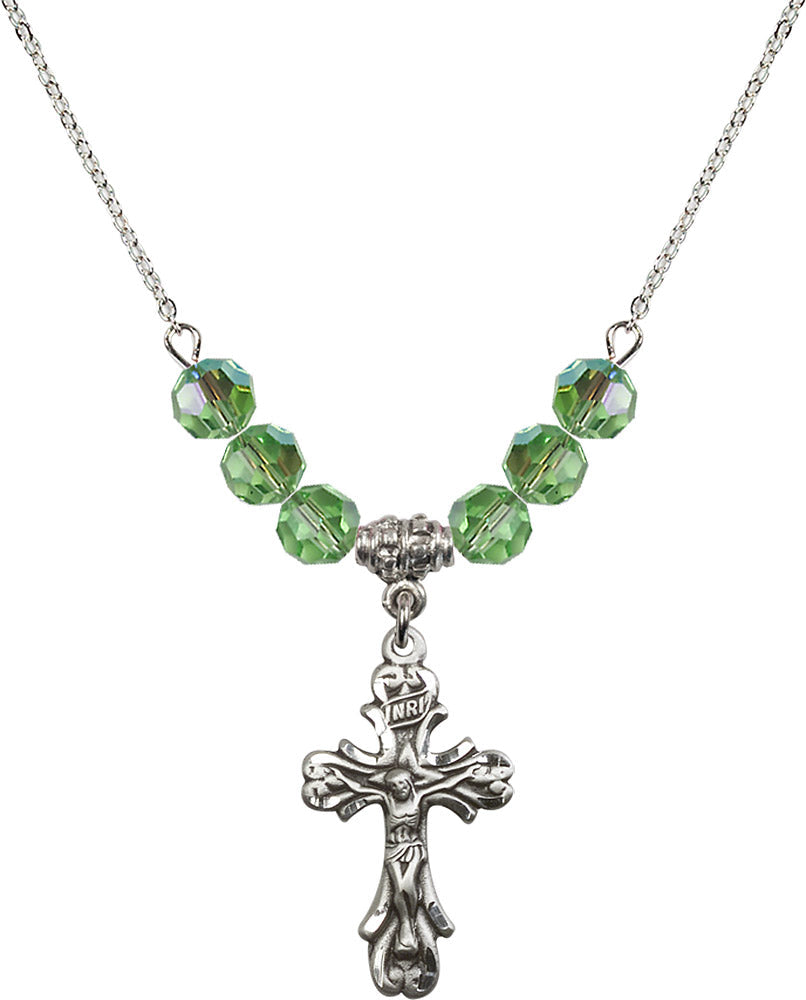 Sterling Silver Crucifix Birthstone Necklace with Peridot Beads - 5421
