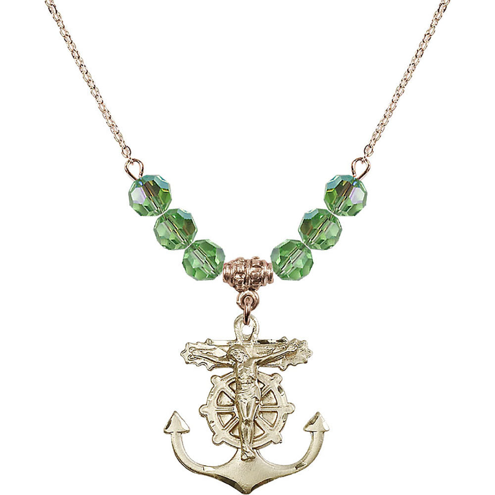 14kt Gold Filled Anchor Crucifix Birthstone Necklace with Peridot Beads - 5685