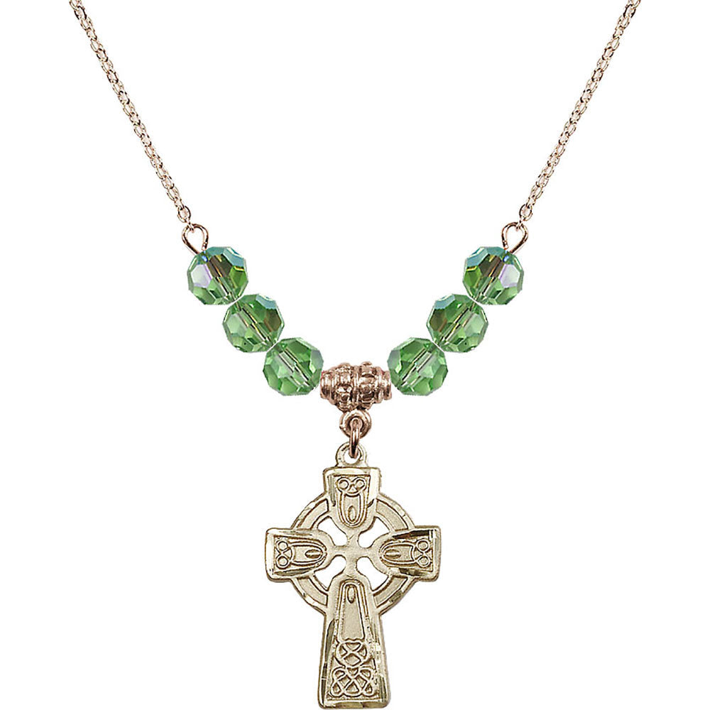 14kt Gold Filled Celtic Cross Birthstone Necklace with Peridot Beads - 5689