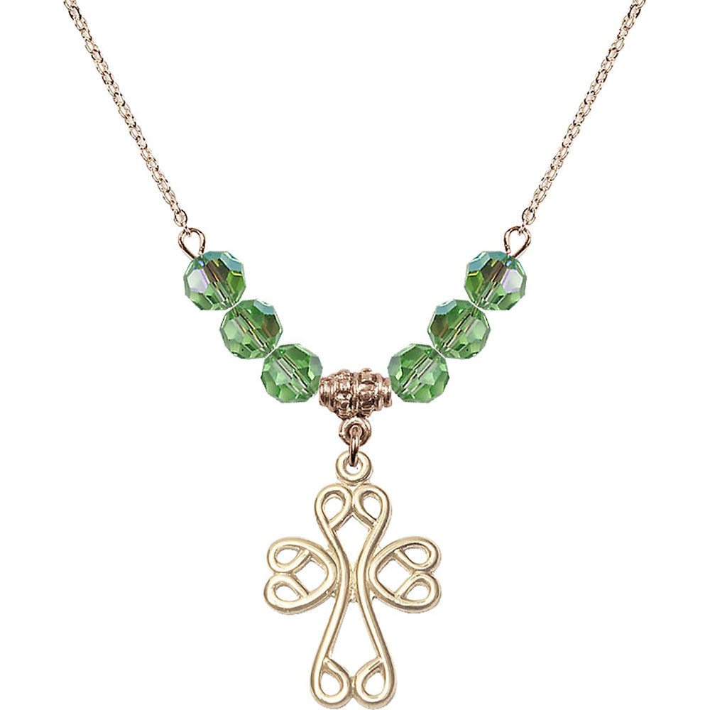 14kt Gold Filled Scroll Cross Birthstone Necklace with Peridot Beads - 5998