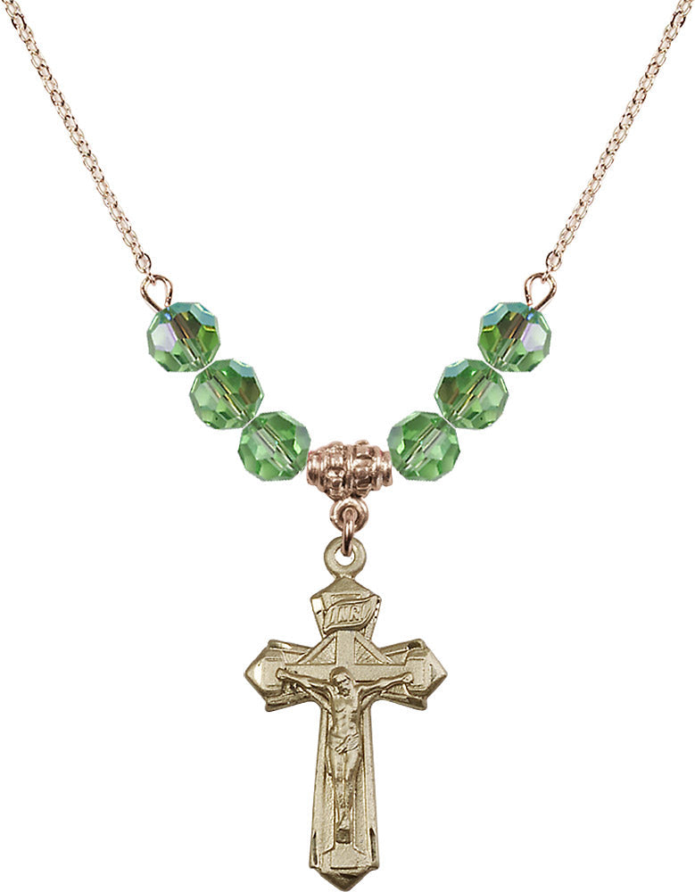 14kt Gold Filled Crucifix Birthstone Necklace with Peridot Beads - 6092